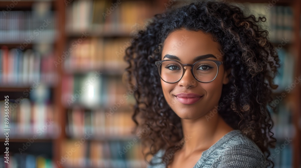 A portrait of an attractive smiling woman in front of bookshelves at the library A portrait of an attractive smiling woman in front of bookshelves at the library