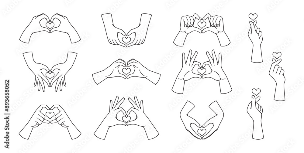 Black And White Icons Featuring Different Hand Gestures Creating Heart Shapes With Love Symbols. Outline Illustrations Black And White Icons Featuring Different Hand Gestures Creating Heart Shapes With Love Symbols. Outline Illustrations