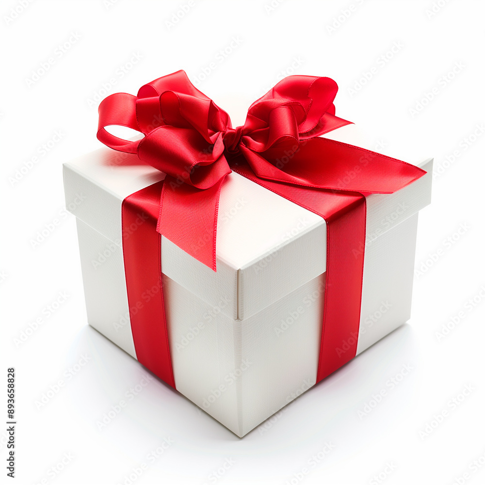 Obraz premium A white gift box with a red ribbon and a bow on a simple background. A scarlet bow on the gift.