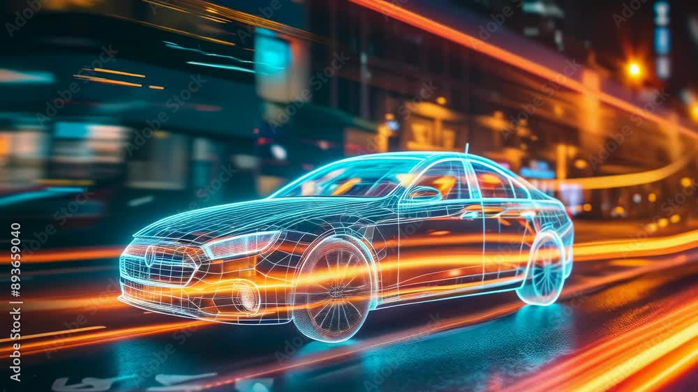 A futuristic car with a digital overlay races through a vibrant city at night, illuminated by streaks of orange and yellow lights. The mood is dynamic, highlighting technology and speed. A futuristic car with a digital overlay races through a vibrant city at night, illuminated by streaks of orange and yellow lights. The mood is dynamic, highlighting technology and speed.