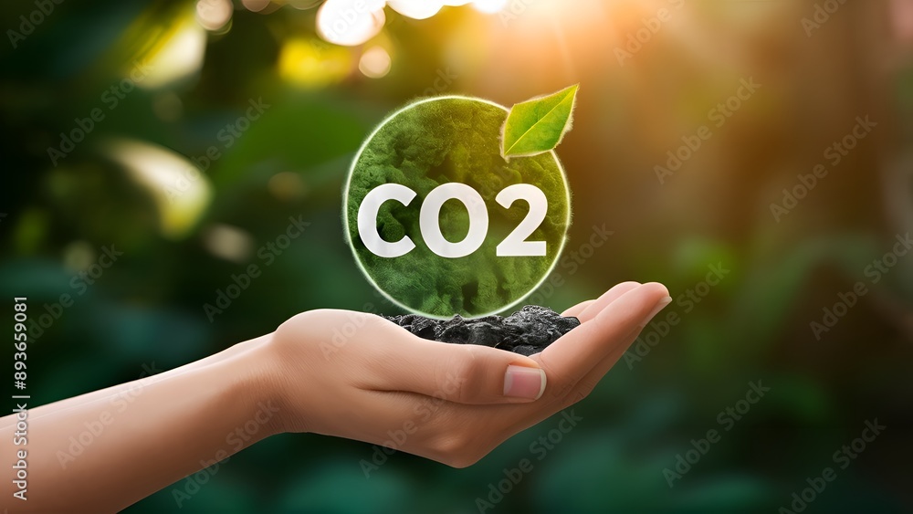 CO2 emissions reduction concept. A hand holding a green carbon ...