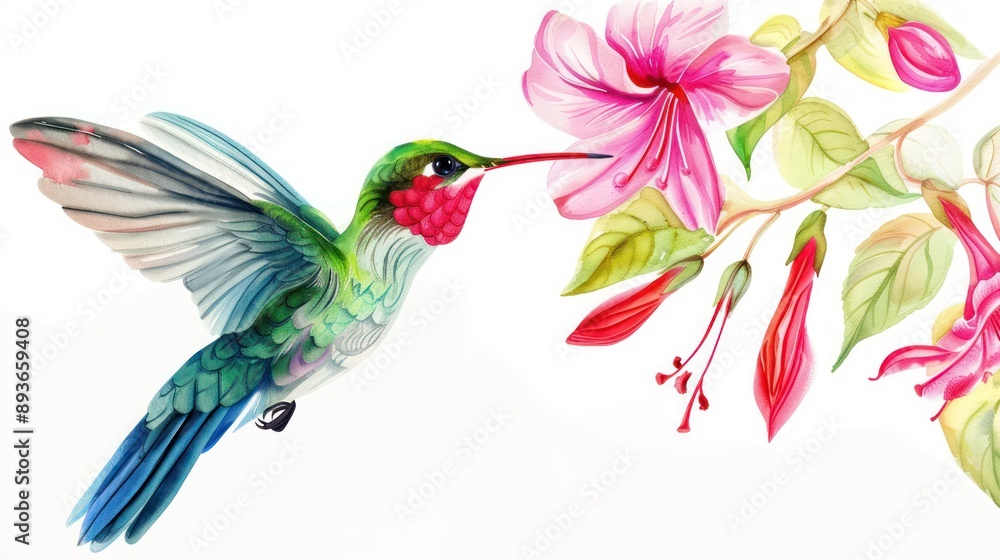 Obraz premium small bird hummingbird on a background of pink flowers and green leaves