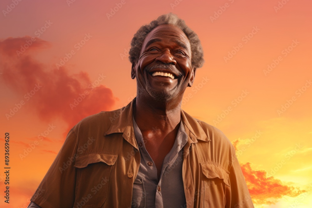 Portrait of a cheerful afro-american man in his 60s dressed in a breathable mesh vest on vibrant sunset horizon Portrait of a cheerful afro-american man in his 60s dressed in a breathable mesh vest on vibrant sunset horizon