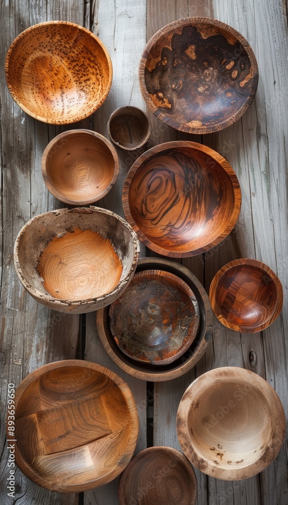 Handmade Wooden Bowls on Rustic Table for Kitchen Decor and Natural Home Design
