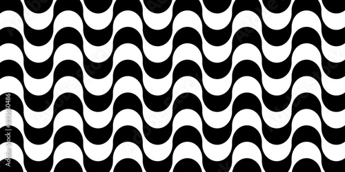 Copacabana calcada background. Famous beach sidewalk in Rio de Janeiro. Brasilian symbol. Repeating black and white wavy texture in Portuguese pavement style. Vector graphic illustration.