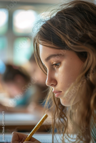 Girl Concentrating on Schoolwork photo