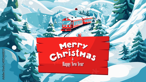 Merry Christmas and Happy New Year party train on horizontal greeting card. Polar express bring gifts in snowy landscape. Xmas traditional holiday eve banner. Winter december celebration eps postcard