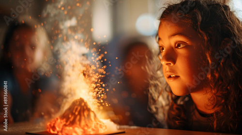 Girl Observing a Volcano Eruption Experiment photo