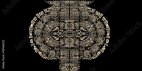 Symbols, letters, masks and images of the ancient Mayan and Aztec civilizations.