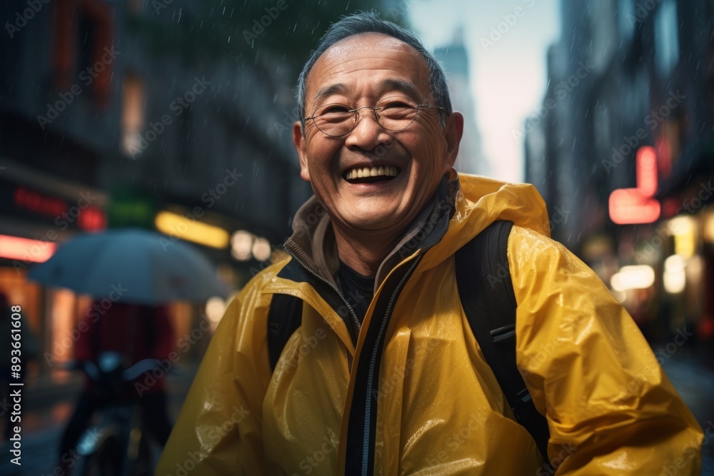 Portrait of a satisfied asian man in his 70s sporting a waterproof rain jacket isolated on busy urban street Portrait of a satisfied asian man in his 70s sporting a waterproof rain jacket isolated on busy urban street