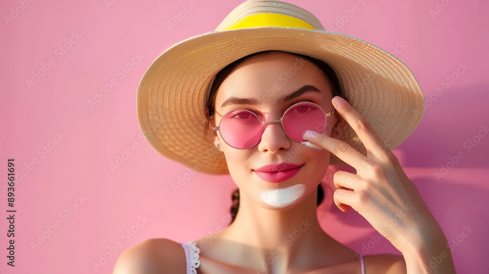woman with a straw hat and pink round sunglasses applying sunscreen on her face against a pink background, summer skin protection woman with a straw hat and pink round sunglasses applying sunscreen on her face against a pink background, summer skin protection