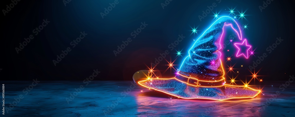 Obraz premium Colorful neon witch hat glowing against dark background, perfect for Halloween or fantasy-themed designs.