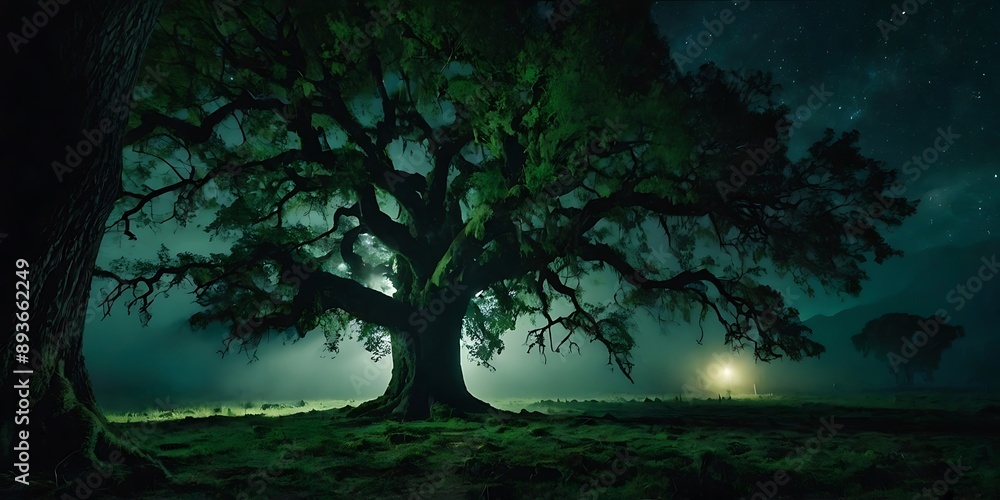 Fantasy illustration of mystical forest in night, dark themed full of trees in the fog Fantasy illustration of mystical forest in night, dark themed full of trees in the fog