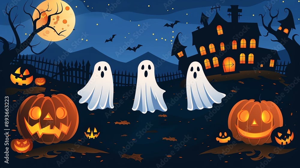 Halloween party banner with ghosts and haunted house, flat design illustration Halloween party banner with ghosts and haunted house, flat design illustration