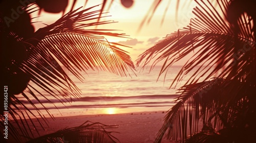Tropical Sunset Silhouette Through Palm Leaves