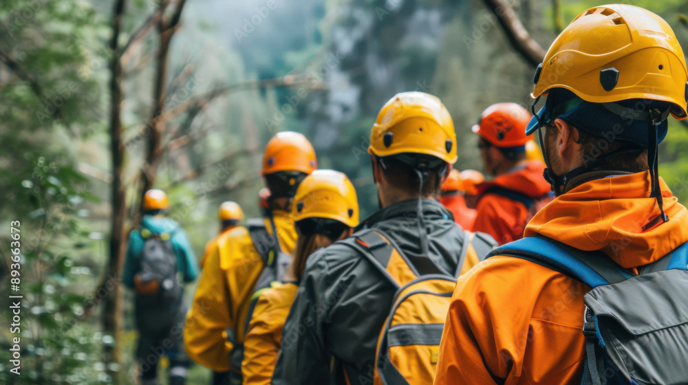 A group of hikers wearing safety helmets walking through a forested trail, focused on safety and teamwork. A group of hikers wearing safety helmets walking through a forested trail, focused on safety and teamwork.