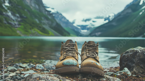 Hiking Boots in Mountain Landscape with Lake and Snow-Capped Peaks