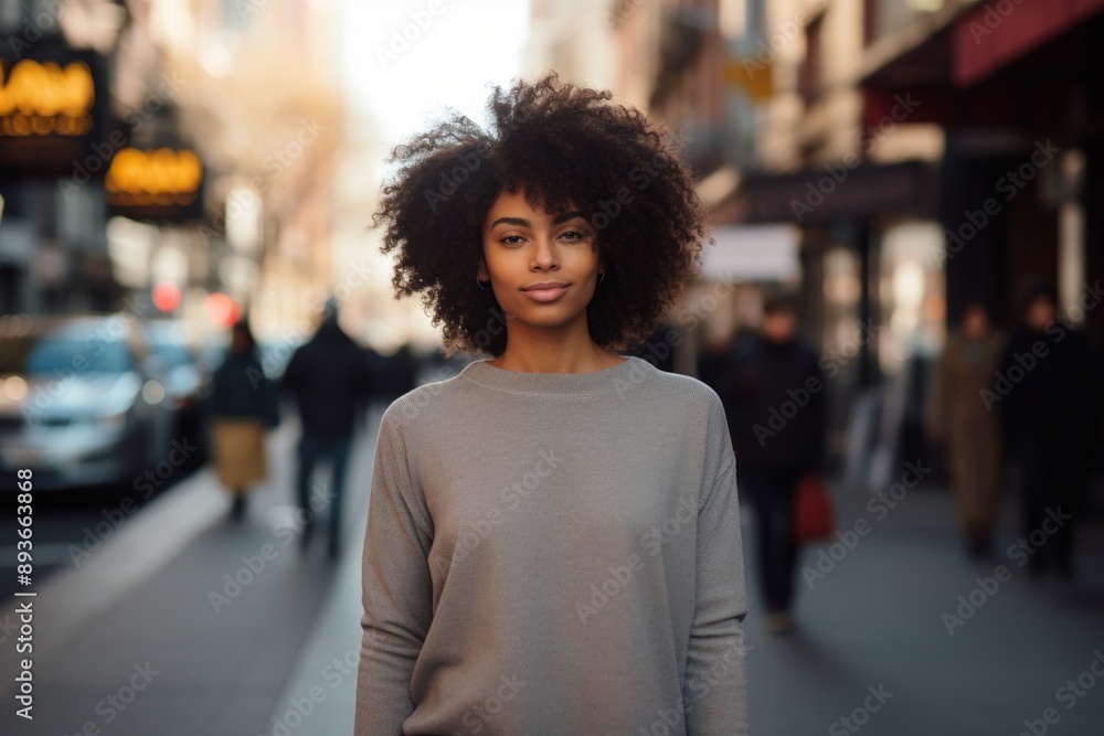 Portrait of a blissful afro-american woman in her 20s sporting a long-sleeved thermal undershirt in busy urban street Portrait of a blissful afro-american woman in her 20s sporting a long-sleeved thermal undershirt in busy urban street