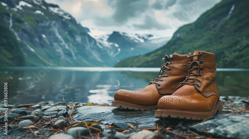 Hiking Boots in Mountain Landscape with Lake and Snow-Capped Peaks