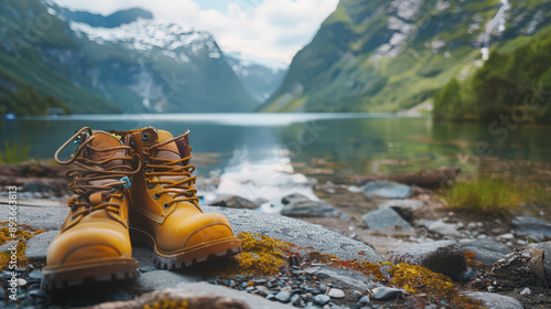 Hiking Boots in Mountain Landscape with Lake and Snow-Capped Peaks
