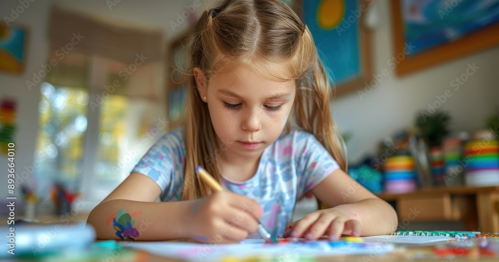 Young Artist's Focus: A young girl with pigtails concentrates intently on her artwork, her hand delicately guiding a pencil across a sheet of paper. The vibrant colors and playful setting create a sen Young Artist's Focus: A young girl with pigtails concentrates intently on her artwork, her hand delicately guiding a pencil across a sheet of paper. The vibrant colors and playful setting create a sen
