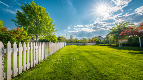 A trimmed green lawn with a white fence against a blue sky. On a sunny day, backyard with green grass. Nature concept.