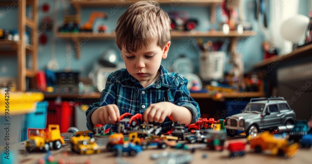 Young boy engaged in interactive play with toy car set, exploring mechanics and motion concepts Young boy engaged in interactive play with toy car set, exploring mechanics and motion concepts