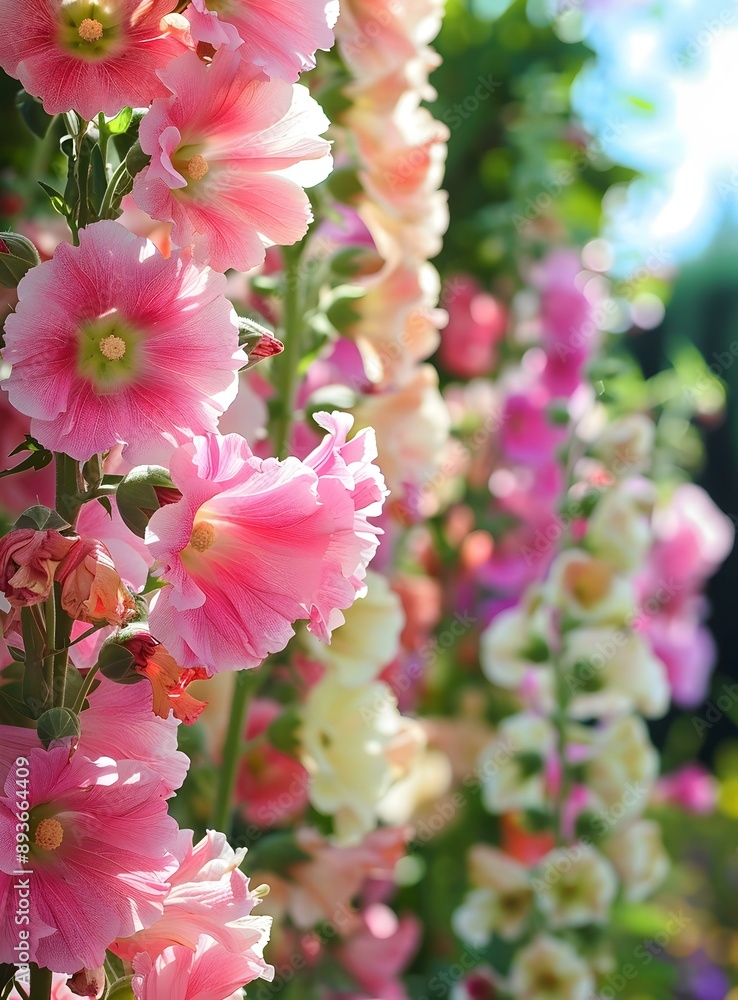 Obraz premium Pink Hollyhock Flowers Blooming in Summer Garden