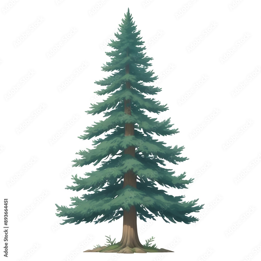 Fototapeta premium A tall, lush evergreen pine tree with dense, green foliage against a white background