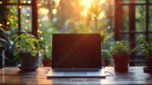 Laptop on a wooden desk surrounded by plants, with warm sunlight shining through a window, creating a serene and productive workspace.