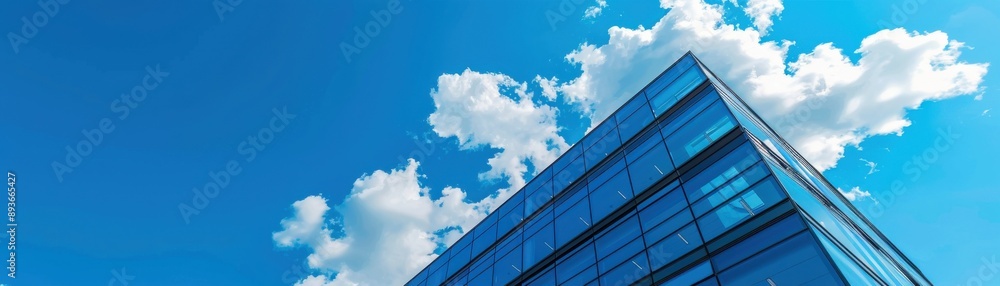 Modern glass building under a bright blue sky with white clouds, architectural design, contemporary urban office, corporate structure. Modern glass building under a bright blue sky with white clouds, architectural design, contemporary urban office, corporate structure.