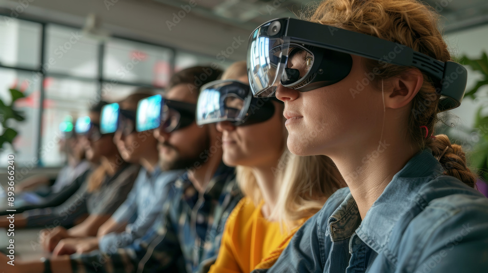 Diverse Team Engaged in Interactive AR Training in a Modern, Well-Lit Office Setting Diverse Team Engaged in Interactive AR Training in a Modern, Well-Lit Office Setting