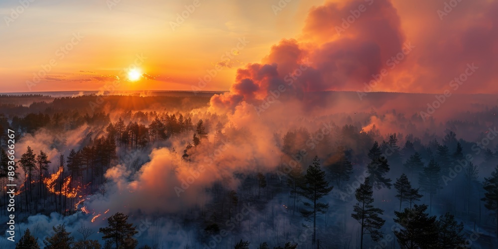Fototapeta premium Sunset colors blaze across sky above wildfire in forest