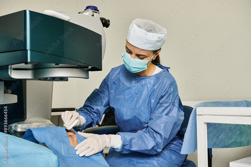 A woman in a surgical gown operates a machine at the doctors office for laser vision correction. A woman in a surgical gown operates a machine at the doctors office for laser vision correction.