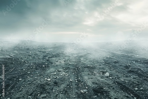 Barren land under scorching sun, hints of lifelessness and desol