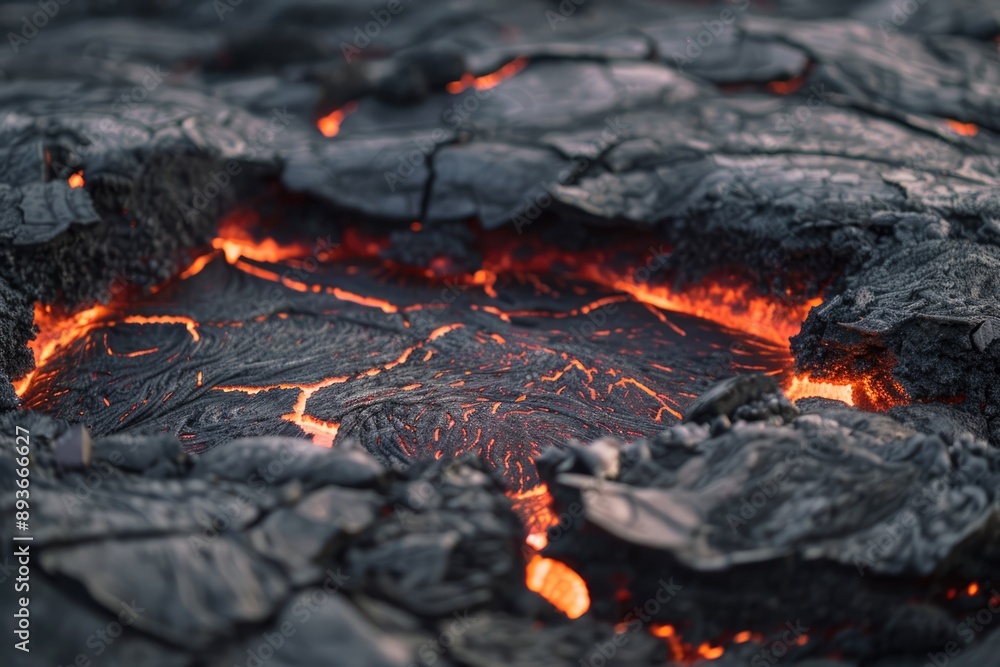 Close-up of molten lava with red-hot fissures and blackened crus Close-up of molten lava with red-hot fissures and blackened crus
