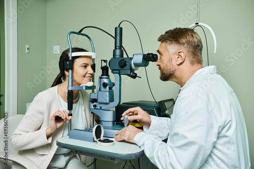 Handsome doctor checking his female patient vision.