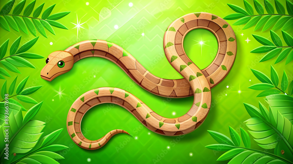 Fototapeta premium Cute cartoon snake on green background with leaves. Vector illustration.