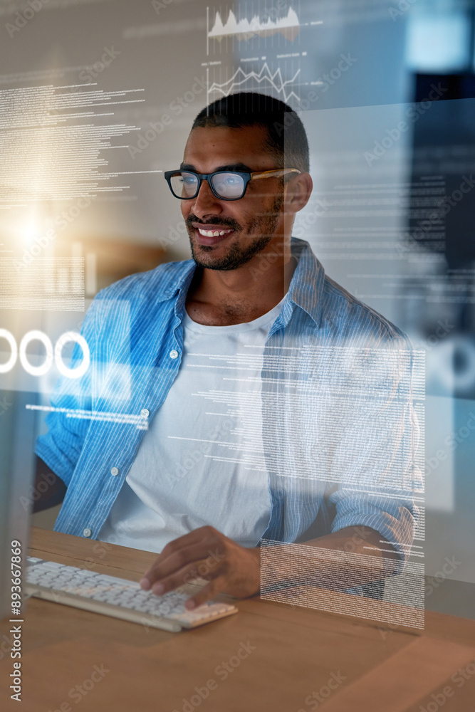 © peopleimages.com - Cyber overlay, screen and man on computer for coding, website development and programming. Cloud research, smile or IT technician typing code for online data, software algorithm or cybersecurity