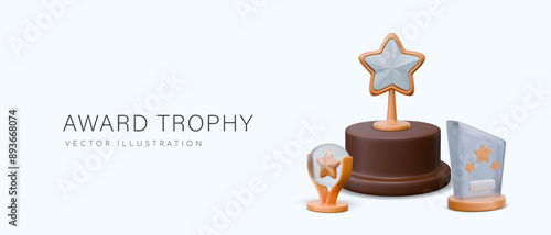 Vector realistic composition of awards trophies. Crystal star on pedestal, metal figurines