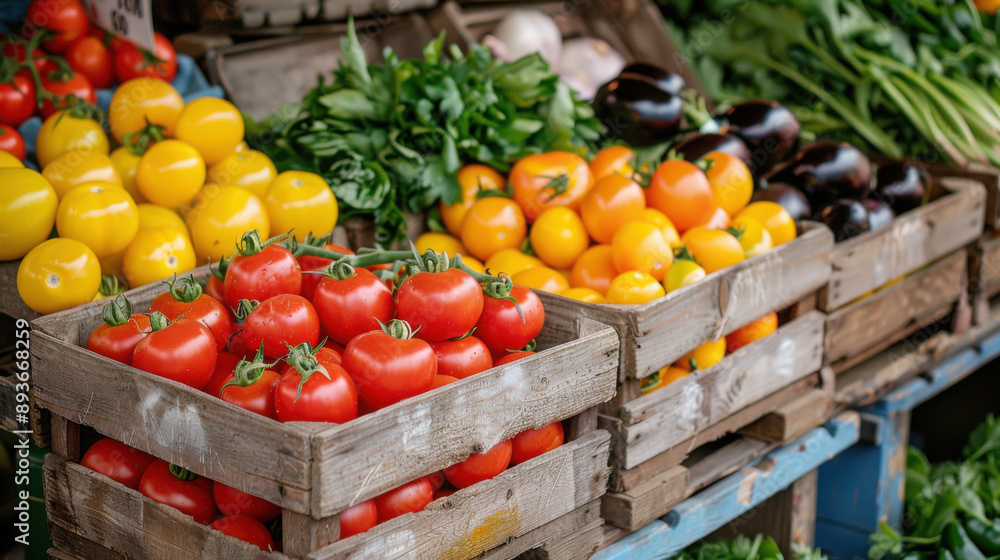 Vibrant tomatoes, eggplants, and bell peppers displayed in wooden crates at a bustling farmers market, highlighting fresh produce. Vibrant tomatoes, eggplants, and bell peppers displayed in wooden crates at a bustling farmers market, highlighting fresh produce.