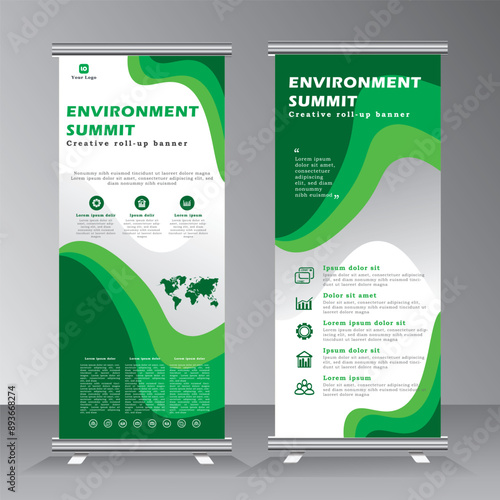 Environment Summit roll up banner template design, roll up banner eco and enviroment event, conferance, presentation,  modern x-banner and flag-banner advertising. vector illustration