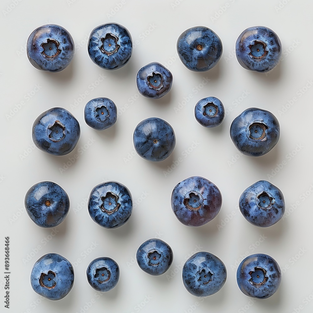 A grid of fresh blueberries on a light background showcasing the texture and vibrant color of the fruit in a minimalist style. A grid of fresh blueberries on a light background showcasing the texture and vibrant color of the fruit in a minimalist style.