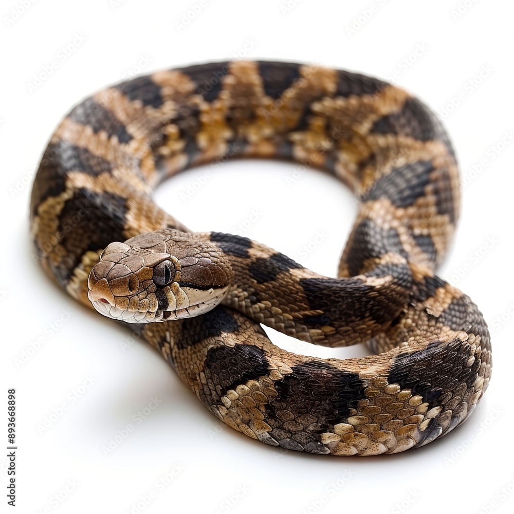 Close-up of a curled snake with brown and black scales on white background, showcasing the intricate patterns and texture of its skin. Close-up of a curled snake with brown and black scales on white background, showcasing the intricate patterns and texture of its skin.