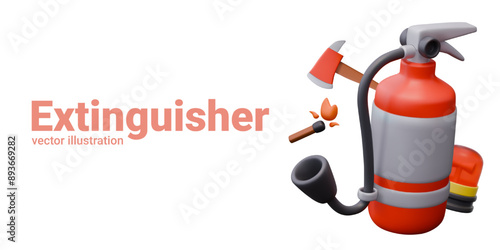 Realistic fire extinguisher closeup, fire axe, lit match, alarm lamp