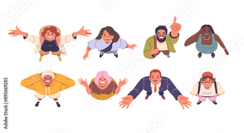 Top View Of A Diverse Group Of People Joyfully Looking Upwards With Various Expressions And Gestures, Positive Emotions