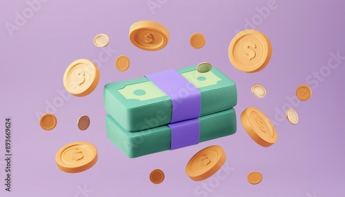 Bundles cash and floating coins around on purple background. money-saving, cashless society concept. 3d render illustration