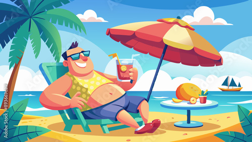 A man in the living room at home imagines that he is resting on the sea and sunbathing on the beach.
