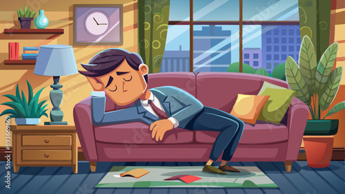 Tired businessman exhausted, a lazy and unproductive young man dozing off.
