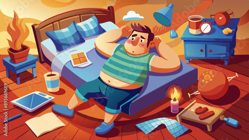 An overweight tired and obese young man is lying on his bed.
